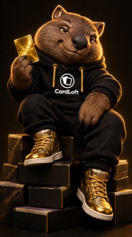 Ripper, the CardLoft scout: a wombat in a black CardLoft hoodie with gold drawstrings, holding a gold trading card