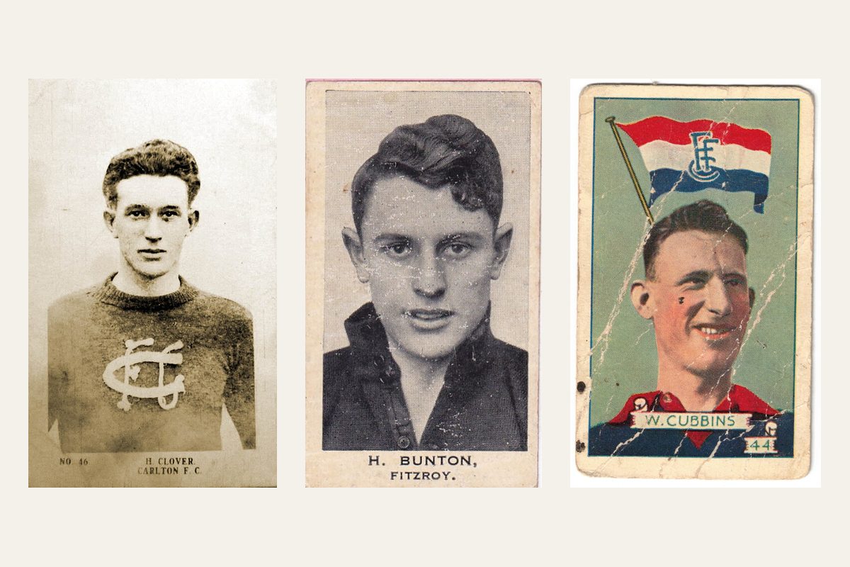 Three vintage VFL footy cards: Horrie Clover of Carlton (1923), Haydn Bunton Sr of Fitzroy (1934) and Bill Cubbin of Footscray (early 1930s)